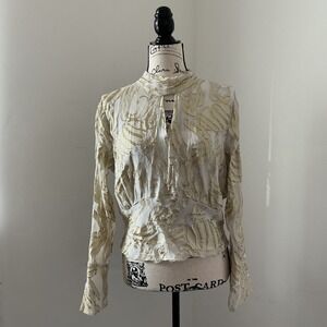 PARKER White Gold Metallic Leaf High Neck Keyhole Long Sleeve Smocked Waist Sz S